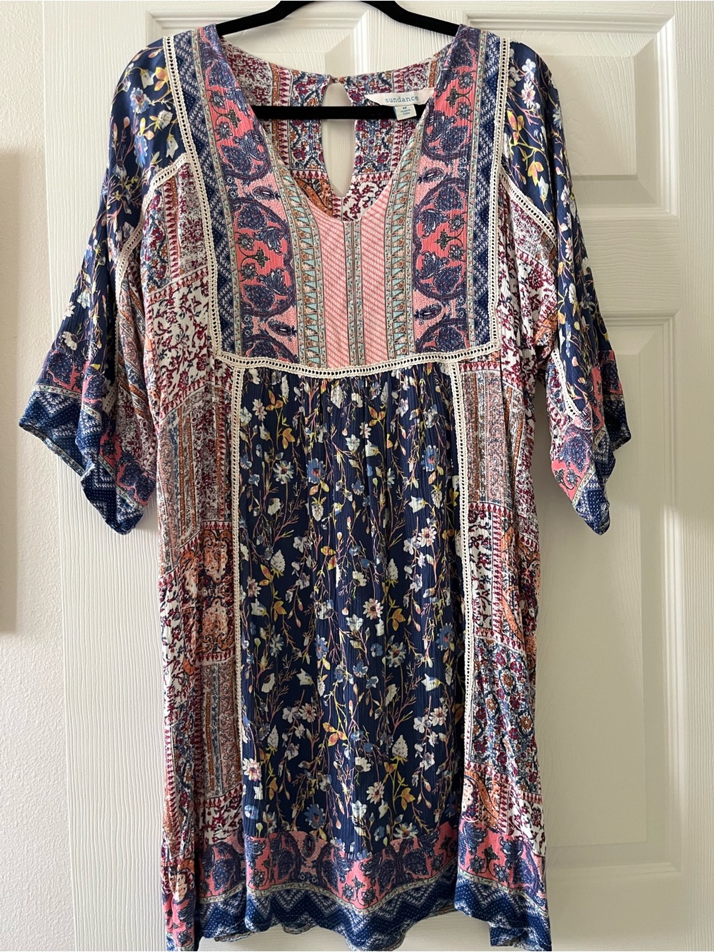 Sundance Boho Navy & Pink Patchwork V-Neck Dress size M - Picture 2 of 7